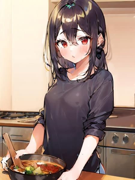 (((((1girl))))), straight hair,small breasts, red eyes, blue apron,black shirt, holding pot, amoy satay noodles, food focus, female focus, upper body,kitchen, 2d,  <lora:amoy satay noodles:1>, masterpiece, best quality,