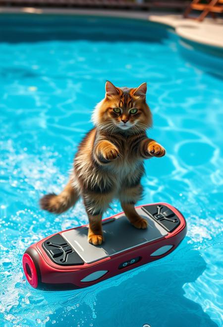 a sexy cat furry riding on a hoverboard above a swimming pool, leaving a cool water trail