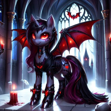 ethereal fantasy concept art of   <lora:Dark-Cute-Ponies:1> drkpny, <lora:420Futurism:0.7> 420futurism, cute futuristic pony, ultra-realistic, full-body shot of a vampiric pony, sleek obsidian-black coat shimmering under the crimson moonlight, glowing blood-red eyes piercing the darkness, elegant bat-like wings with intricate veins pulsing with eldritch energy, standing in the grand halls of a haunted vampiric castle, towering gothic spires reaching into the stormy midnight sky, ancient stone walls covered in arcane symbols glowing faintly, eerie candlelight flickering across deep velvet drapes, masterpiece, highly detailed, ultra resolution, soft mist swirling around hooves, massive stained-glass windows depicting forgotten vampiric deities, spectral figures lurking in the shadows, looking directly at the viewer, intricate silver-plated armor reflecting the dim torchlight, deep cinematic lighting enhancing the ghostly atmosphere. . magnificent, celestial, ethereal, painterly, epic, majestic, magical, fantasy art, cover art, dreamy