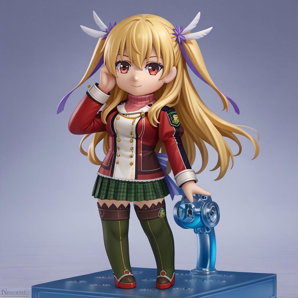 score_9, score_8_up, score_7_up, faux figurine, nendoroid, full body, figure, platform, solo, <lora:Nendoroid_pdxl_Incrs_v1:1>, <lora:alisareinford-pdxl-nvwls-v1-000006:1> alisa reinford, blonde hair, two side up, sen1alisa, purple ribbon, turtleneck, red jacket, green miniskirt, brown thighhighs, medium breasts, looking at viewer, smile, looking at you, hand on hip, chibi