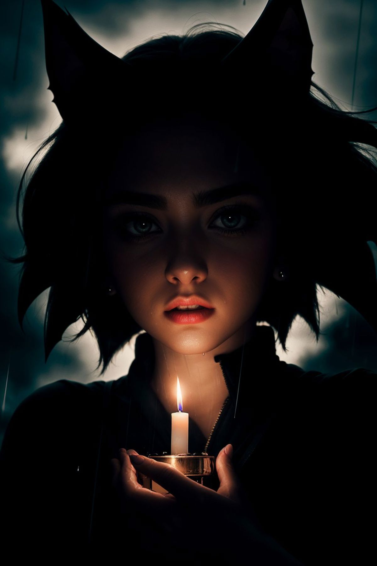 A woman holding a candle in a dark, moody setting.