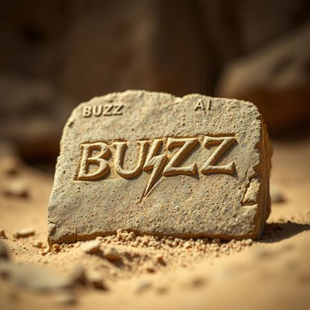 Closeup of a Archeological find in desert, a stone tablet with lightning bolt symbol and text in ancient font saying BUZZ, realistic, masterpiece, dramatic light, depth of field
