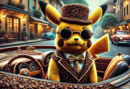 digital painting of a made of Coffee beans, cute pikachu in suit and bowtie, top hat and cutting edge sunglasses,  entirely made of retro sophistication texture, driving a convertible car, whimsical and magical atmosphere, soft lighting, highly detailed and stylized, concept art for a vintage charm-themed universe