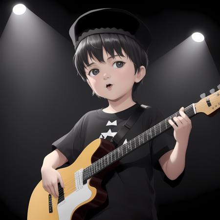 <lora:hasbula_v1:1>, hasbula, 1boy, play rock black triangle guitar, scene, black hat, black oversized T-shirt, (bright spotlights), front view