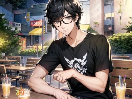 masterpiece, best quality, highres, extremely detailed CG unity 8k wallpaper, illustration of dsjoker, black hair, glasses, black-framed eyewear, grey eyes, (t-shirt:1.1), plaid pants, 1boy, solo, male focus, sitting, outdoor cafe, night, detailed background, (persona 5:0.5)
<lora:dsjoker_e4:0.75>