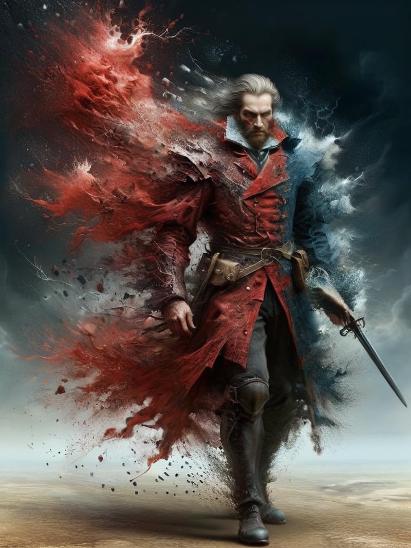 A man wearing a red coat and blue jacket is holding a sword.