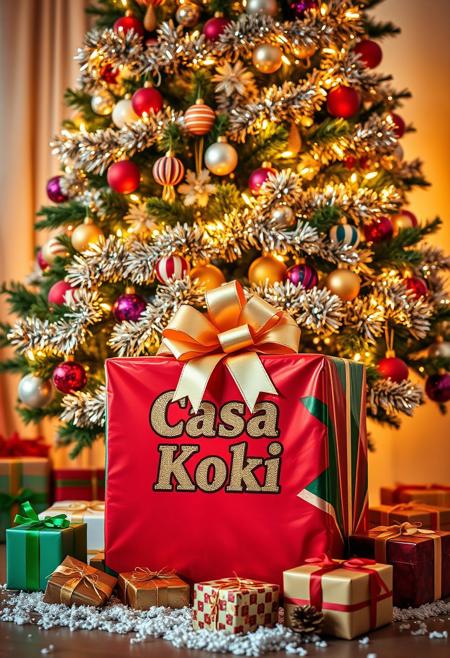 a professional slr leika photograph - A vibrant, festive Christmas scene featuring a beautifully decorated Christmas tree, adorned with shimmering tinsel, colorful ornaments, and glowing fairy lights. Beneath the tree, surrounded by a sprinkle of presents, stands a large, bold box as the centerpiece. The box is wrapped in glossy red and green paper with an oversized golden bow, prominently labeled in bold, glittering text: 'Casa Koki.' The room is softly lit with the warm glow of the tree lights, creating a cozy holiday atmosphere.
