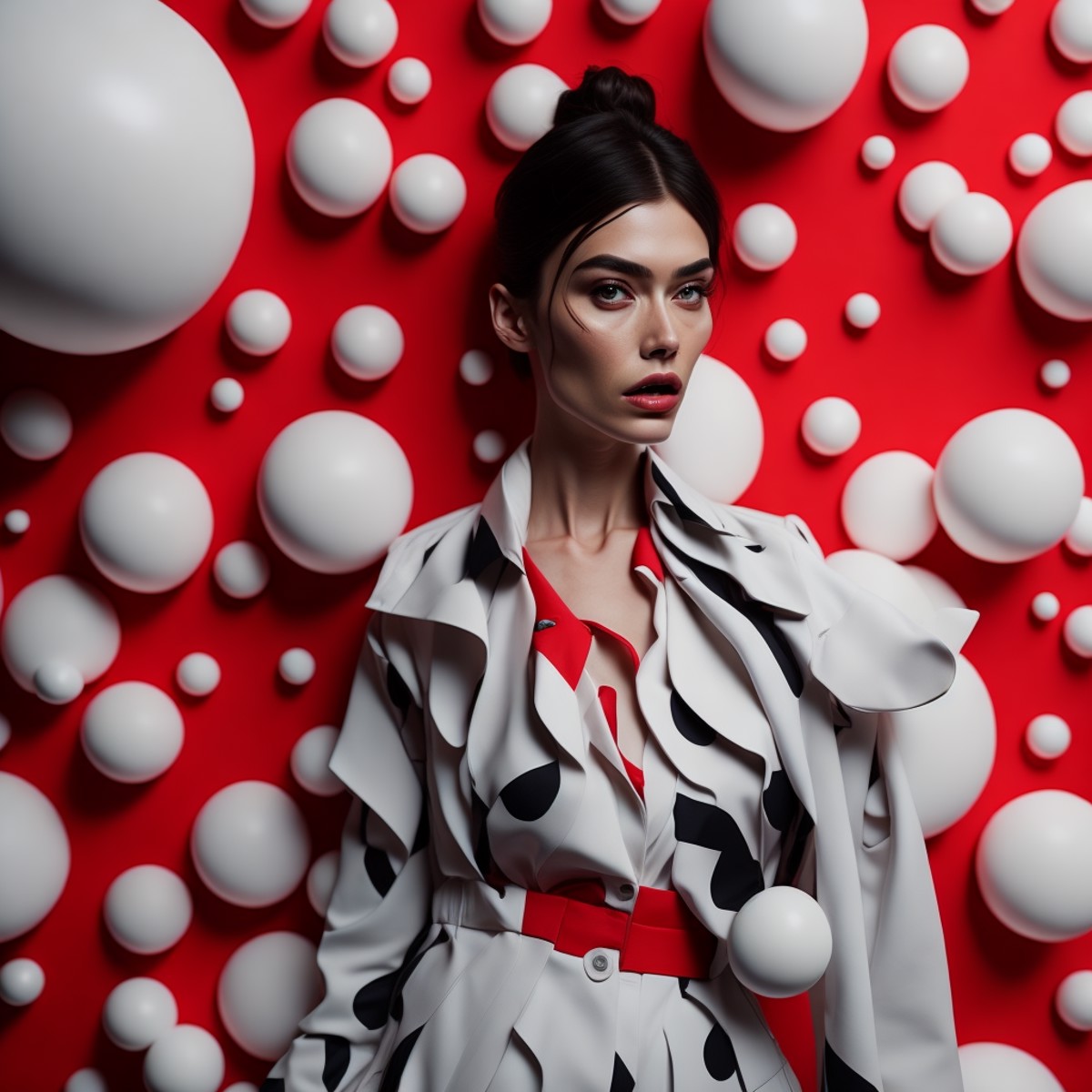 a woman standing in front of a red and white circle with white balls on it and a red and white polka dot pattern on the ba...