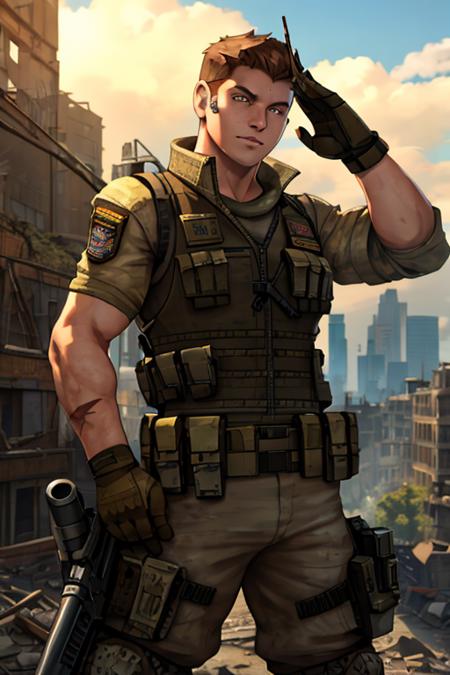 <lora:piers_v2:1>piers, solo, brown_hair, gloves, weapon, male_focus, cloud, uniform, hand_on_hip, gun, military, military_uniform, scar, building, city, realistic, salute, ruins, load_bearing_vest