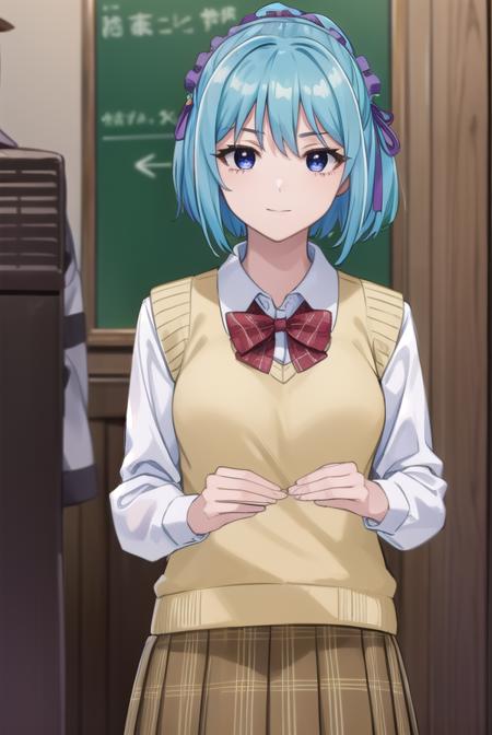 kurumukurono, <lora:kurumu kurono s2-lora-nochekaiser:1>,
kurumu kurono, short hair, blue hair, (purple eyes:1.1), ponytail, ribbon, hair ribbon, hair ornament, smile,
BREAK shirt, white shirt, long sleeves, bow, red bow, sweater vest, yellow sweater vest, skirt, plaid skirt, green skirt, socks,
BREAK indoors, classroom,
BREAK looking at viewer, (cowboy shot:1.5),
BREAK <lyco:GoodHands-beta2:1>, (masterpiece:1.2), best quality, high resolution, unity 8k wallpaper, (illustration:0.8), (beautiful detailed eyes:1.6), extremely detailed face, perfect lighting, extremely detailed CG, (perfect hands, perfect anatomy),