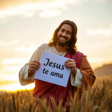 a beautiful photo of Jesus in a sunset, holding a paper sayng \"Jesus te ama\". He is in a wheat field and smiling happy