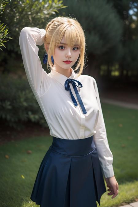 ultra-detailed,highly detailed,best quality,masterpiece,illustration,
saber, 1girl, artoria pendragon \(fate\), solo, cosplay,
blonde hair, ahoge,hair ribbon, short hair, braided bun, sidelocks, bangs, 
pantyhose, shirt,skirt,  neck ribbon, long sleeves,casual, blouse, high-waist skirt, 
looking at viewer, 
outdoors, grass,dynamic pose, photo background, 
<lora:saber_v1_02:0.7>