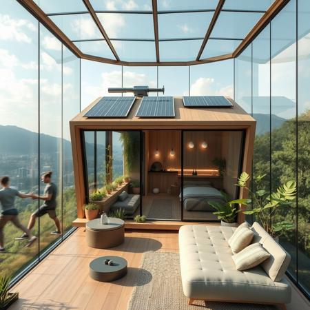 Futuristic eco-friendly nano house, 25 square meters, off-grid modular design, seamless integration with nature, solar panels, rainwater harvesting system, smart glass windows, vertical gardens, biophilic interior, minimalistic yet high-tech aesthetic, wood and recycled composite materials, soft natural lighting, cozy and highly functional living space, panoramic view, compact yet luxurious, innovative space-saving solutions, tranquil and sustainable environment, ultra-modern eco-home