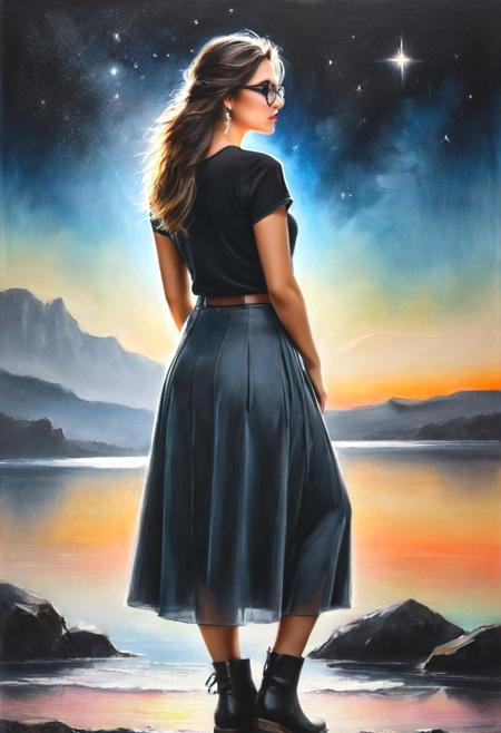 #Pastel, #dry chalk drawing, #crayons on paper, #chalk shading, chalk drawing, #tinted paper, #crayon drawing, colorful, sketch, serene scene, (((#white chalk drawing))), tinted black paper, standing, contrapposto, woman, glasses, skirt, boots, T-shirt, bokeh (dark light), inspiration, art by Andrey Atroshenko,