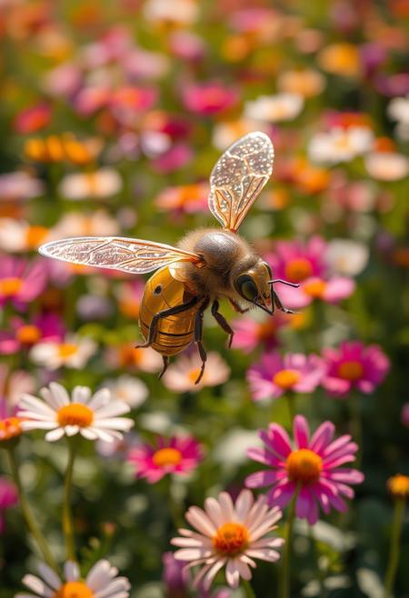 Imagine a close-up of a robotic bee hovering in mid-air, its delicate metal wings shimmering in the sunlight. Surrounding it is a vibrant garden filled with colorful flowers, each petal telling a story of life and beauty. The bee seems to dance gracefully, merging engineering precision with the elegance of nature. In this intersection of technology and the environment, we sense the human desire to harmonize innovation with the natural world.”