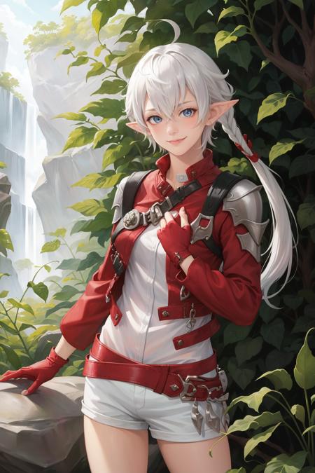 masterpiece, best quality, 1girl, alisaie, single braid, hair ribbon, red jacket, shoulder armor, red fingerless gloves, white shirt, red belt, white shorts, upper body, looking at viewer, standing, furrowed brow, smile, forest, dense foliage, light filtering through leaves, grass, rock formations <lora:alisaie-nvwls-v1-000012:0.9>