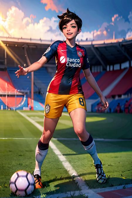 (extremely detailed CG unity 8k wallpaper), (best quality), (ultra-detailed), (best illustration), 1girl, detailed soccer stadium, outdoors, beautiful sunlight, soccer uniform, shorts, socks, soccer, green field, smiling <lyco:sanlorenzo-10:0.8>, <lora:tracerLast:0.3>, tracer