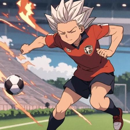 best quality,masterpiece,8k quality,best pixels,<lora:Axel Blaze:0.7>,Axel Blaze,(white hair),soccer field,facing away from the goal,fire on goal,closed eyes,hands on hips