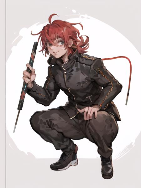 ((1boy)), squatting, (((gakuran))), muscular, long hair, red hair, looking at viewer, white background, simple background,