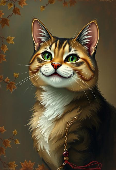 of a smiling cat, oil painting art style from Renaissance period, masterful composition, Renaissance mood, renaissance oil painting, brush strokes, Fantasy illustration style, transports viewers to imaginative worlds, epic landscape, and heroic adventures, sparks wonder and inspiration