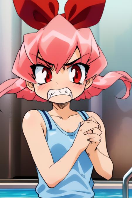 <lora:Takane_Momo:0.8> momo, teeth, 1girl, soro, child, clenched teeth, angry, sharp teeth, ribbon, clenched hands, hair ribbon, fire, tank top, parody, pool,
masterpiece, high quality, very_high_resolution, large_filesize, full color,