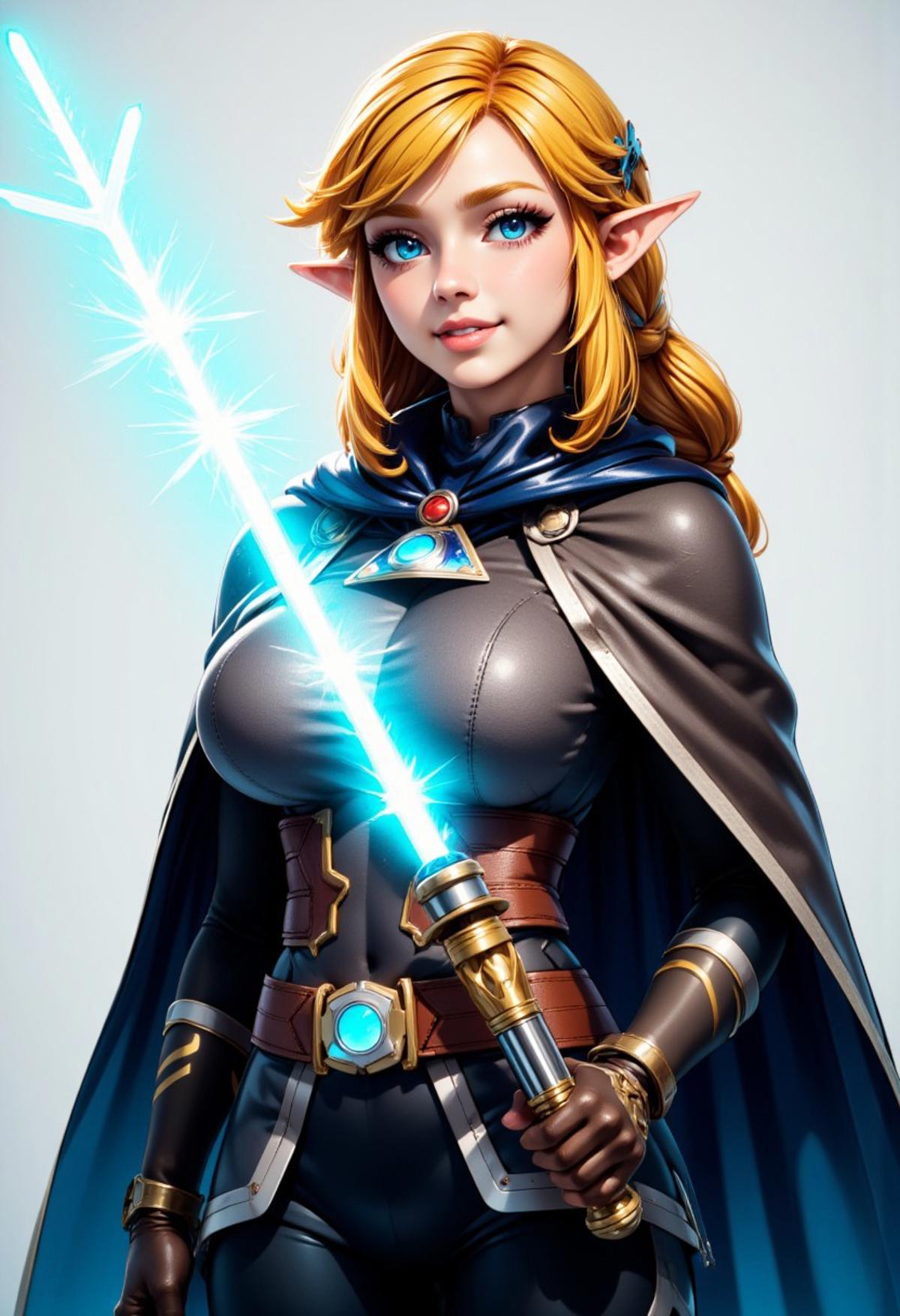 zzCitronCAT, 1girl, solo, long hair, breasts, looking at viewer, smile, blue eyes, blonde hair, hair ornament, gloves, holding, medium breasts, weapon, braid, cowboy shot, pointy ears, hairclip, belt, pants, sword, fingerless gloves, cape, holding weapon, lips, holding sword, black pants, cloak, brown gloves, crown braid, glowing weapon, energy sword, glowing sword, triforce, lightsaber, princess zelda, zzLightSaber, white lightsaber