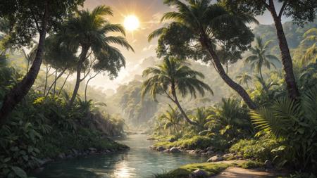 a vivid setting of a vibrant jungle trees rivers and a glowing sun in the distance