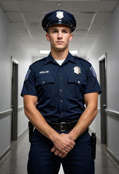 Ultra-realistic, cinematic full-body photo of a handsome 20-year-old Caucasian male police academy recruit, standing tall and imposing in inspection stance, hands clasped behind his back. He wears a tightly fitted short-sleeved navy blue police uniform with a visible silver badge and name tag, and a loaded black duty belt. His posture is rigid and dominant, body language confident and slightly confrontational. He looks directly down at the viewer with a cold, piercing stare and a faint, smug smirk — projecting arrogance and quiet aggression. Shot from an extreme low-angle at his feet, upward perspective emphasizing his authority, strength, and intimidation. Bright institutional lighting from above, harsh shadows on his face and uniform. Clean police academy training hallway background, hyper-realistic textures, sharp focus, realistic lighting and skin detail, full-body in frame.
