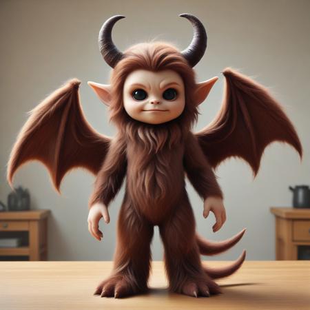 Cute imp made of w00kiee, hairy imp, demon horns, demon wings, demon tail, upper_body, cartoon, no humans, scissors, comb, wigs, mannequin, indoors