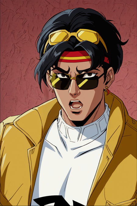 X-men TaS Style, 1boy, black eyes, black hair, dark skin, earrings, eyewear on head, gloves, goggles, headband, jacket, jewelry, male focus, meme, open mouth, parody, retro artstyle, shirt, solo, sunglasses, yellow jacket<lora:XmenStyle:0.8>