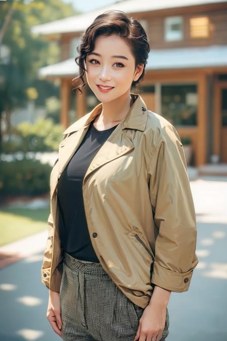 <lora:Lizhi-May11-000040:0.65>  1girl, (looking at viewer),  (bokeh:1.2), (light smile), realistic, arm behind head, jacket,pants, 
yard,house_outside,
realistic,