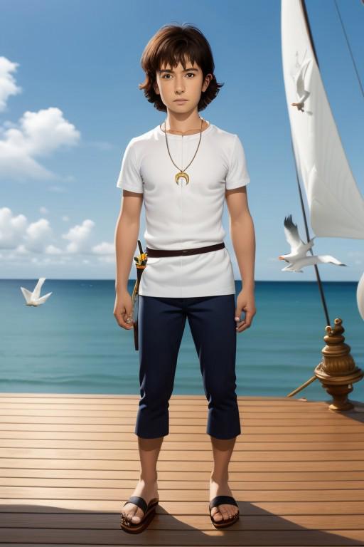 score_9, score_8_up, score_7_up, cute boy, 1boy, solo,  Esteban,  short hair,   black eyes, brown hair, white shirt,  short sleeves, necklace, pants, sandals, short sword, holding a short sword, lounging, on the deck of a pirate ship, high seas background, seagulls, blue sky, clouds, EyeDetail