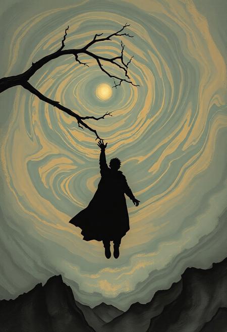 A floating silhouetted man reaching for a branch that extends into infinity, where Nolan’s painterly sky swirls in the background, giving the illusion of movement through time and space.
surreal nightmarish realism, intricate ink cross-hatching with hyper-detailed painting, cinematic dramatic lighting, eerie ghostly landscapes, psychologically intense figures, twisted dreamlike horror, deep chiaroscuro shadows, dark atmospheric storytelling