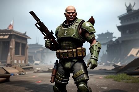 a monk with weapons and warzone  background