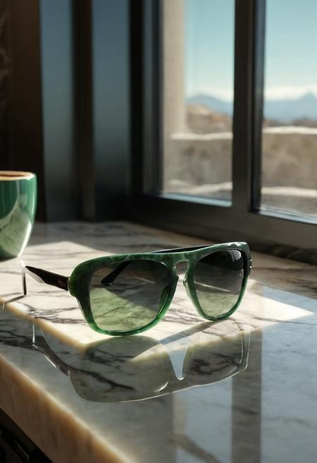 A stylish pair of green jade sunglasses with polished obsidian frames, lying on a marble countertop next to a cup of espresso, soft morning sunlight streaming through a nearby window, photorealistic, ultra-detailed, 4K resolution  <lora:Obsidian_Jade_Style:0.8>