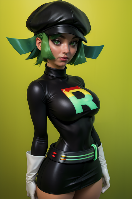 rinbogrunt,green hair,green eyes,short hair,
team rainbow rocket uniform,hat,belt,white gloves,black turtle neck,long sleeves,
solo,upper body,standing,serious,black miniskirt,thick,
secret base,
(insanely detailed, beautiful detailed face, masterpiece, best quality),<lora:RainbowRocket-10:0.8>,