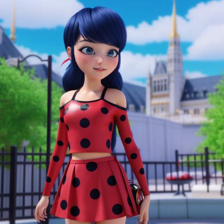 ladybug,<lora:ladybug:0.9>,realistic,detailed,complex background,wearing top and skirt,