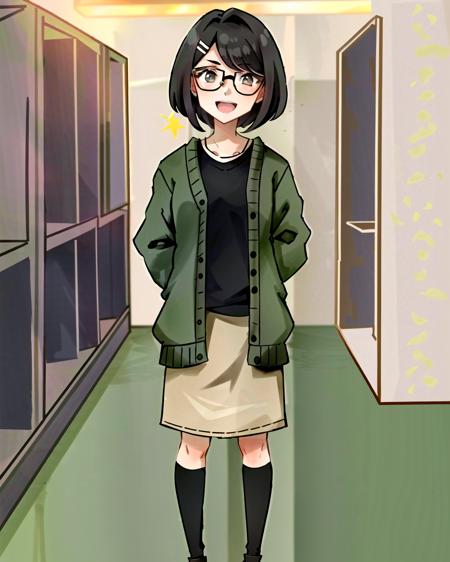 RGShiki,1girl,glasses,standing,facing viewer,masterpiece,green jacket,black shirt,tan skirt,in apartment,concrete,brutalism,(indoors),happy,smile, <lora:RGShiki-10:0.7>