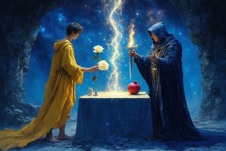 Beneath a vaulted celestial dome, The Fool—youthful, barefoot—steps boldly off a crumbling cliff edge, goldenrod tunic fluttering, clutching a white rose. Opposite, The Magician, cloaked in midnight velvet etched with alchemical sigils, channels crackling azure energy through an upraised athame, his table bearing a blood-red pomegranate and silver dagger. Moebius-inspired surrealism merges with Klimt’s gilded geometry: spiraling constellations pulse within the abyss between them, while prismatic light fractures across marble pillars. Velvet shadows deepen the Fool’s precipice; the Magician’s flame casts honeyed halos. A single dewdrop hangs from the rose, mirroring the pomegranate’s glistening seeds—twin emblems of infinite potential.