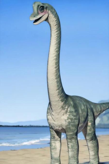 ((masterpiece,best quality)),best res,,good anatomy,ultra cute face,,smiling,extremely detailed face,4k,happy, upper body,,detailed eyes,,beautiful,smiling,,cute,very cute,, solo,, smile, tail,,full body,upper body,brachiosaurus,,middle of a beach,,