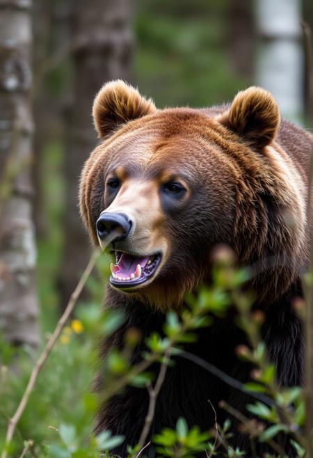 Closeup of a grizzly bear in an enchanted forest doing what bears do.