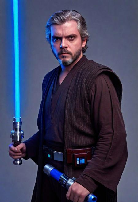 hyperdetailed Photography, Cinematic, (full body picture:1.3), hi resolution, photorealistic, caucasian Man, Mid-30s, short darkbrown hair with some gray hair, darkbrown short boxed beard, darkbrown eyes, Star wars style, Anakin Skywalker, (holding a blue lightsaber)