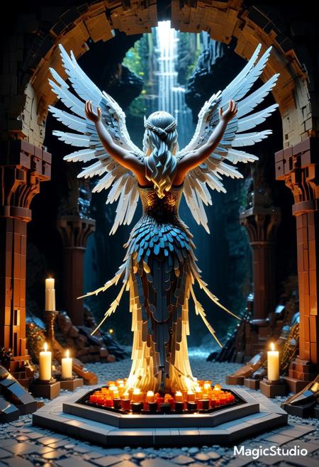 masterpiece, best quality, amazing quality, very aesthetic, realistic, fisheye lens:0.7,  (depth of field), LEGO, LEGO stalactites, 
Dark room, candles, cave walls made of crystal and translucent LEGO, scenery made of roots and LEGO, fantasy \(theme\), (side view:1.4), 
Statue of winged woman made of LEGO, dynamic pose,
open arms, arched back, open hands, bent wings made of LEGO plumes,  greek ((long)) flowing toga, (((sfw))), one foot behind,
(no people in the background),