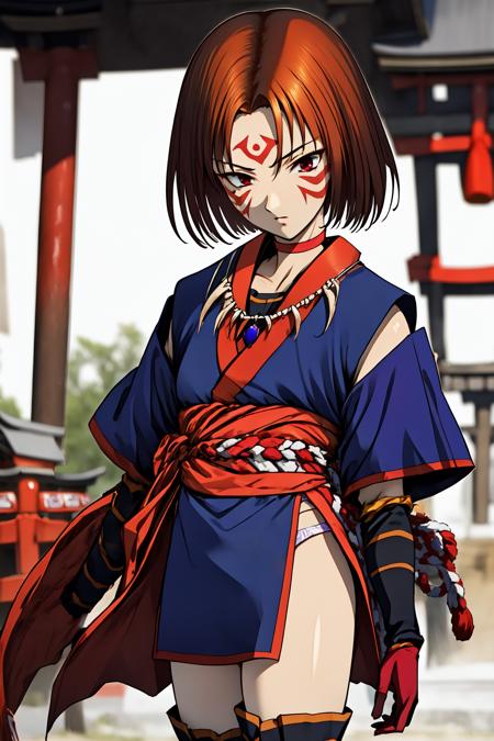 kuon_normale_miki, black hair, brown eyes, short hair, brown kimono, <lora:kuon_miki_lora_ver1:0.7> kuon_tutigumo_miki, red eyes, brown hair, short hair, facial mark, facepaint, tattoo, forehead mark, jewelry, necklace, choker, rope, elbow gloves, detached sleeves, short kimono, japanese clothes, white panties, sash, black thighhighs, knee boots,