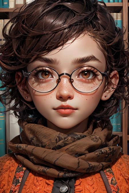 closeup, face, portrait, upper body, 
freckles, 
shy, blush, 
(short brown hair:1.1), 
(library:1.1), 
(round glasses:1.2), 
(brown eyes:1.4), 
cozy, detailed eyes, winter sweater, 
<lora:more_details:0.3>
<lora:3DMM_V11:0.35> 3DMM
<lora:Unleashed_V1.5:1.3>  
 <lora:LAS:0.5> cloud,colorful, shiny, shiny hair, shiny skin, shiny clothes