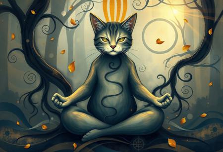 masterpiece, best quality, Fusion of spirituality and abstraction, blending serenity with fluid, dreamlike aesthetics. A serene cat meditating in a lotus pose, surrounded by abstract and swirling forms., Forest-like background with flowing, organic shapes that merge natural elements with the surreal. Hints of trees, leaves, and an ethereal glow., cat’s fur is textured with intricate, spiral-like curls that echo the abstract swirling forms around him.fur transitions seamlessly into the surrounding patterns, blending the physical with the ethereal, Subtle highlights of gold and deep blue shimmer through the fur, symbolizing enlightenment and energy. ,Swirling lines and layered textures radiating outward from the cat, - Flowing organic forms intertwined with scattered geometric shapes. - Gentle pastel chalk-like strokes and painterly accents. - Abstract symbols blending reality with surrealism, evoking the inner mind. - **Mood:** Calm, contemplative, and introspective with a sense of gentle chaos. - **Details:** - cats’s black fur flow into the abstract forms, dissolving into the dreamlike space. - Subtle glowing aura around the cat, emphasizing spiritual energy. - A mix of pastel tones (blues, greens, soft oranges) with occasional vibrant accents to highlight focal areas. - **Impression:** - Evokes a sense of imagination and introspection. - Combines elements of spirituality with whimsical and painterly abstraction.