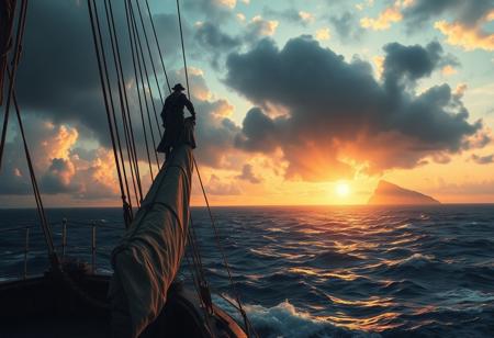, realistic, long shot, gothic painting style
 middle of the sea,  sails, 
 a pirate man atop a ship's crow's nest looking at the distance 
 gazing over the vast ocean, spotting a island in the distance clouds, sunset,  turbulent waves, adventure, cinematic lighting, 
By Caspar David Friedrich