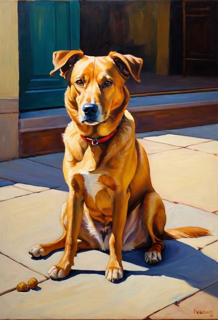 oil painting of a dog that sits and waits for no man, yet is always feeling playful, neo-impressionist, 2D, accurate, refined, defined, highly detailed, follow negative prompts,