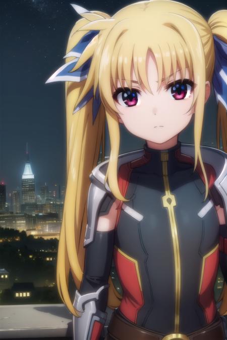 fatetestarossa, <lora:fate testarossa movie2-lora-nochekaiser:1>,
fate testarossa, long hair, blonde hair, (red eyes:1.3), twintails, hair ribbon,
BREAK gloves, belt, bodysuit, magical girl, gauntlets,
BREAK outdoors, city, night, starry sky,
BREAK looking at viewer, (cowboy shot:1.5),
BREAK <lyco:GoodHands-beta2:1>, (masterpiece:1.2), best quality, high resolution, unity 8k wallpaper, (illustration:0.8), (beautiful detailed eyes:1.6), extremely detailed face, perfect lighting, extremely detailed CG, (perfect hands, perfect anatomy),