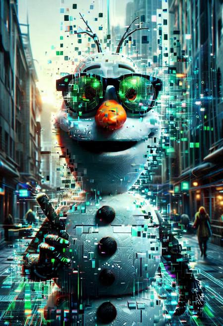 Olaf, snowman, futuristic sunglasses, braid, glowing green Matrix code powers, powers swirls from hands, futuristic background, code raining from the sky, buildings flicker with data, Olaf friendly, glitchy hologram, pixelated carrot nose., Cinematic lighting, dramatic pose, cyberpunk atmosphere.
score_9, score_8_up, score_8_up, masterpiece,super detailed face, super high resolution, FaceDetail, masterpiece-level, highly detailed, intricate details, detailed background, complex background, cinematic, intricately detailed illustration, depth of field, masterpiece, best quality, amazing quality, very aesthetic, absurdres, newest, very awa, shadow,